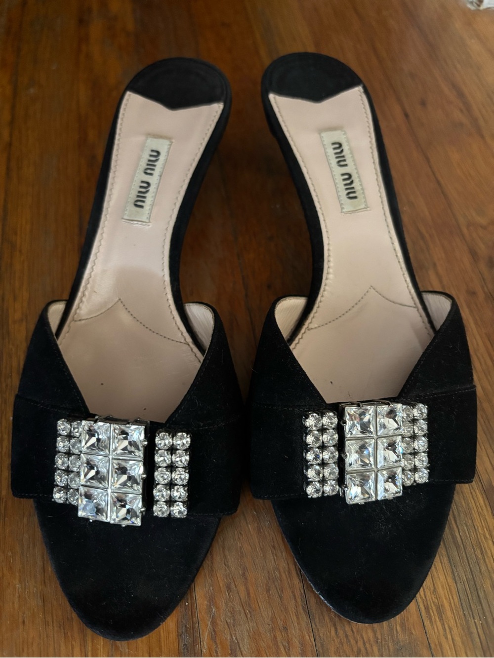 MIU MIU Swarovski Crystal Suede Kitten-Heel Slides